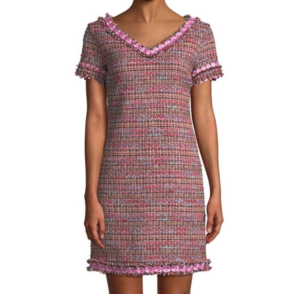 Moschino Boutique flower trim tweed v neck dress